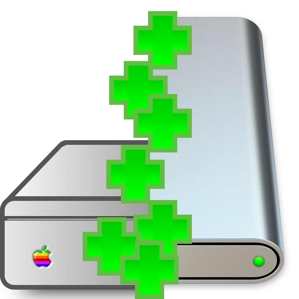 impluse's icon, showing a Mac OS 9 hard disk icon dissolving through a column of green plusses into a modern macOS volume icon.